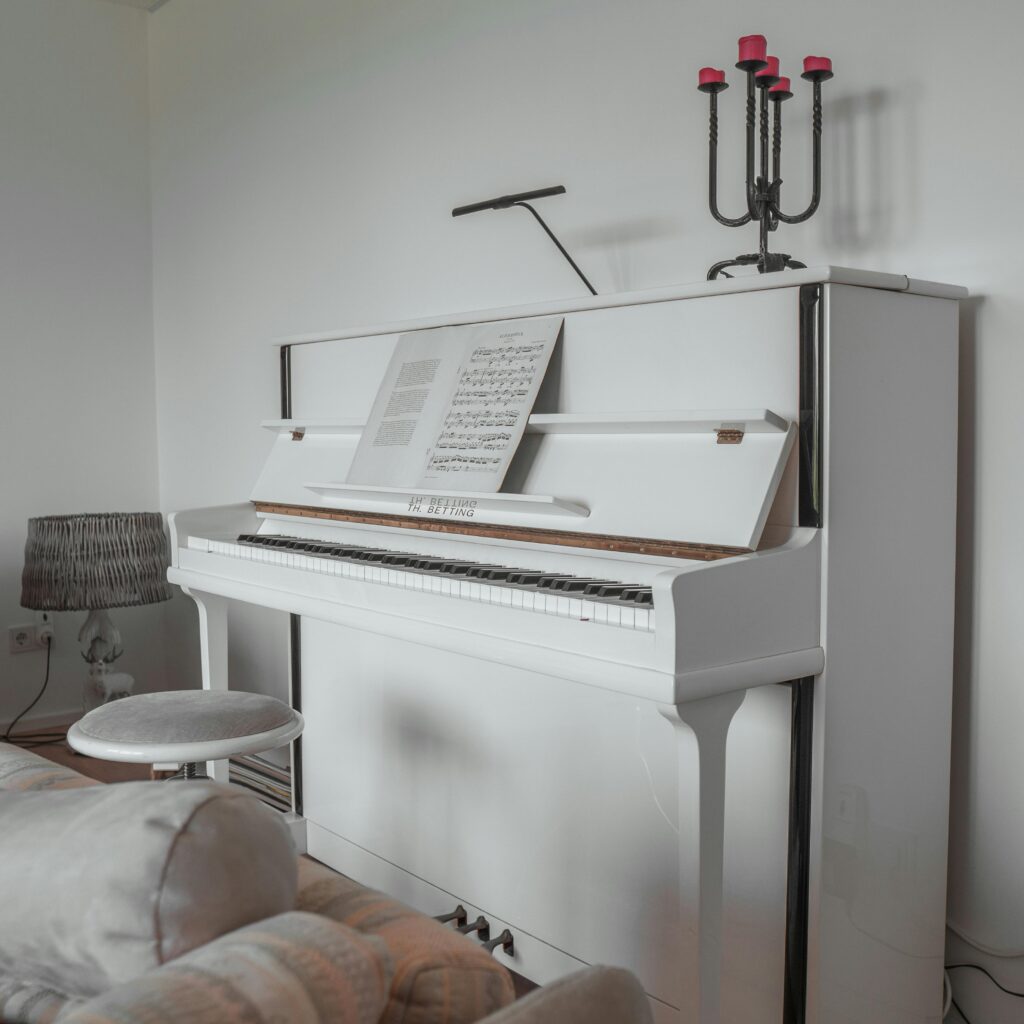 Phite Piano with Sheet Music in the Living Room